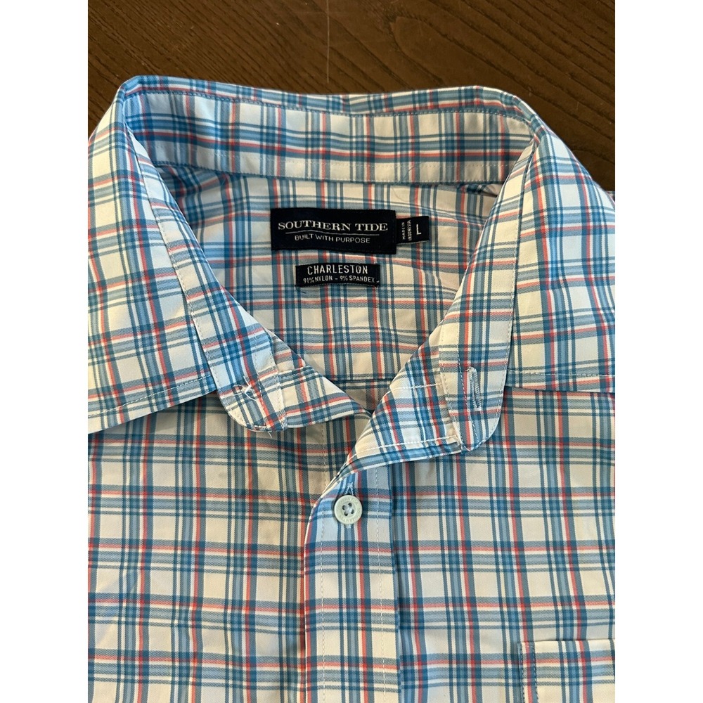 Southern Tide Charleston Shirt Mens Size L Blue Plaid Nylon Spandex Button Down